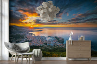 Vibrant sunrise city skyline peel and stick wallpaper.