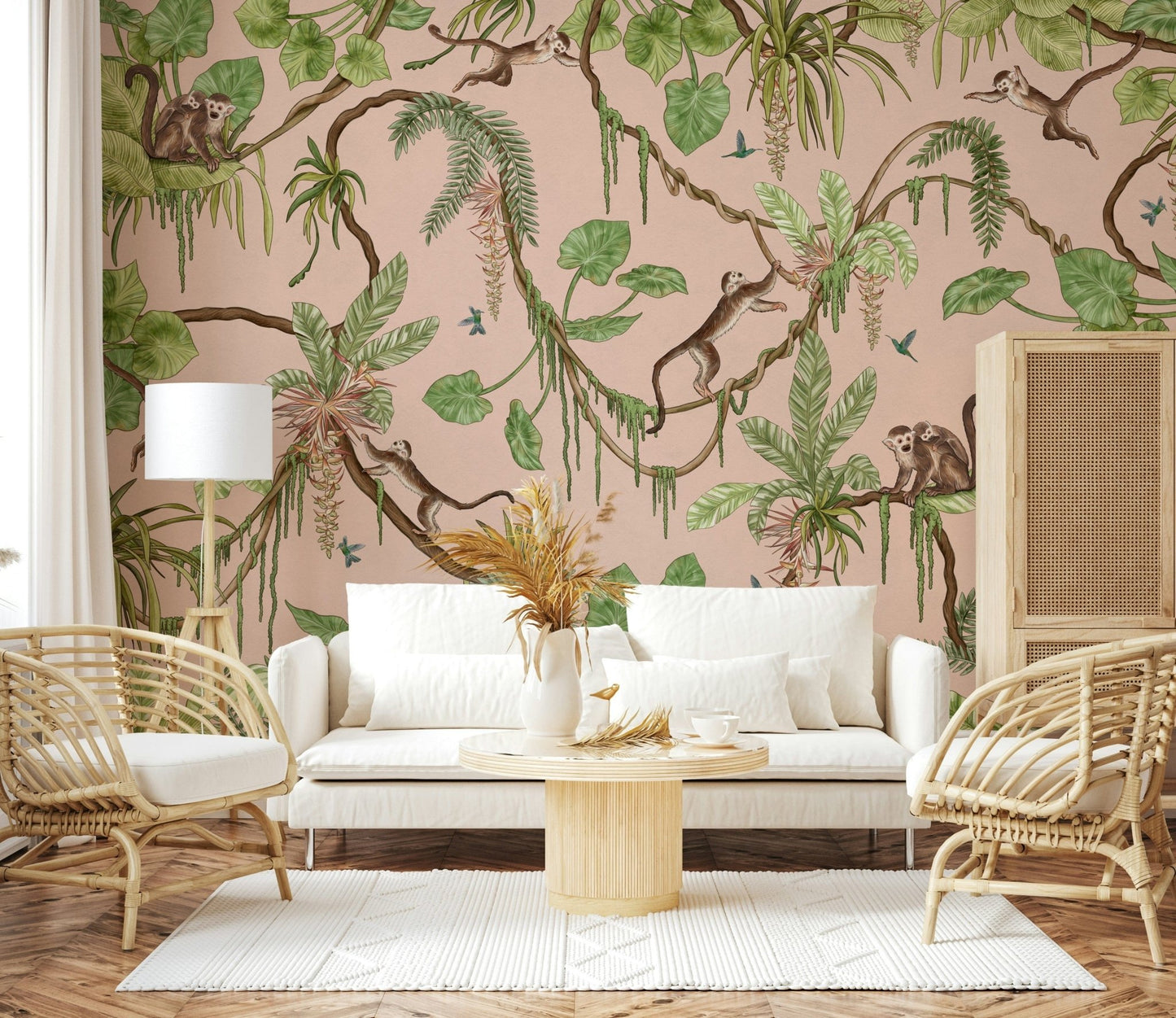 Exotic jungle scene featuring monkeys playing among flowering plants