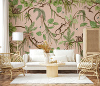 Exotic jungle scene featuring monkeys playing among flowering plants