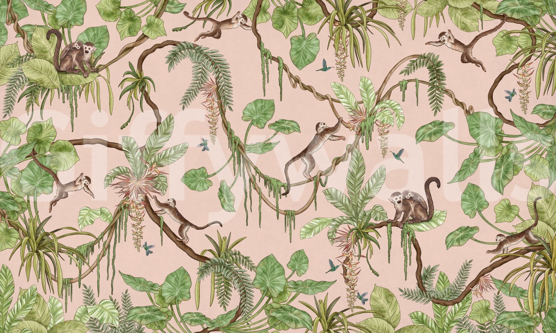 Monkey Business in Paradise wallpaper mural shown as a full-wall blush-pink scene of green foliage and brown squirrel monkeys