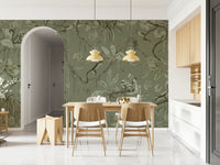 Exotic jungle mural featuring monkeys resting amid flowering vines