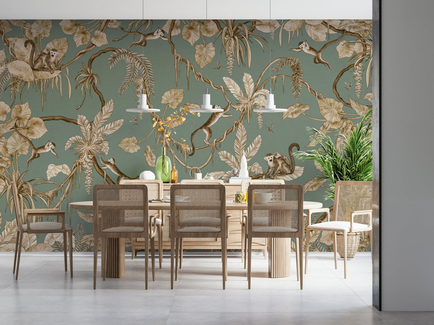 Jungle-inspired wall mural featuring mischievous monkeys among tropical plants
