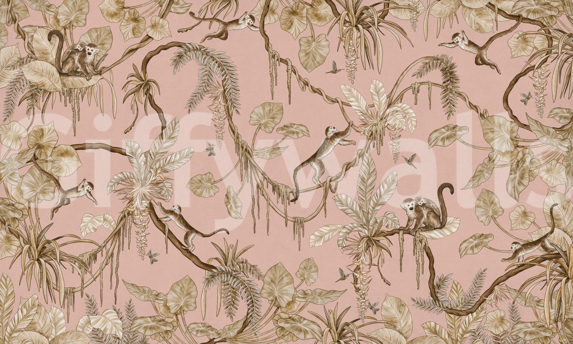 Monkey Grove Blush wallpaper mural shown as a full-wall blush-pink scene of soft taupe monkeys, palms and vines