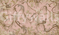 Monkey Grove Blush wallpaper mural shown as a full-wall blush-pink scene of soft taupe monkeys, palms and vines