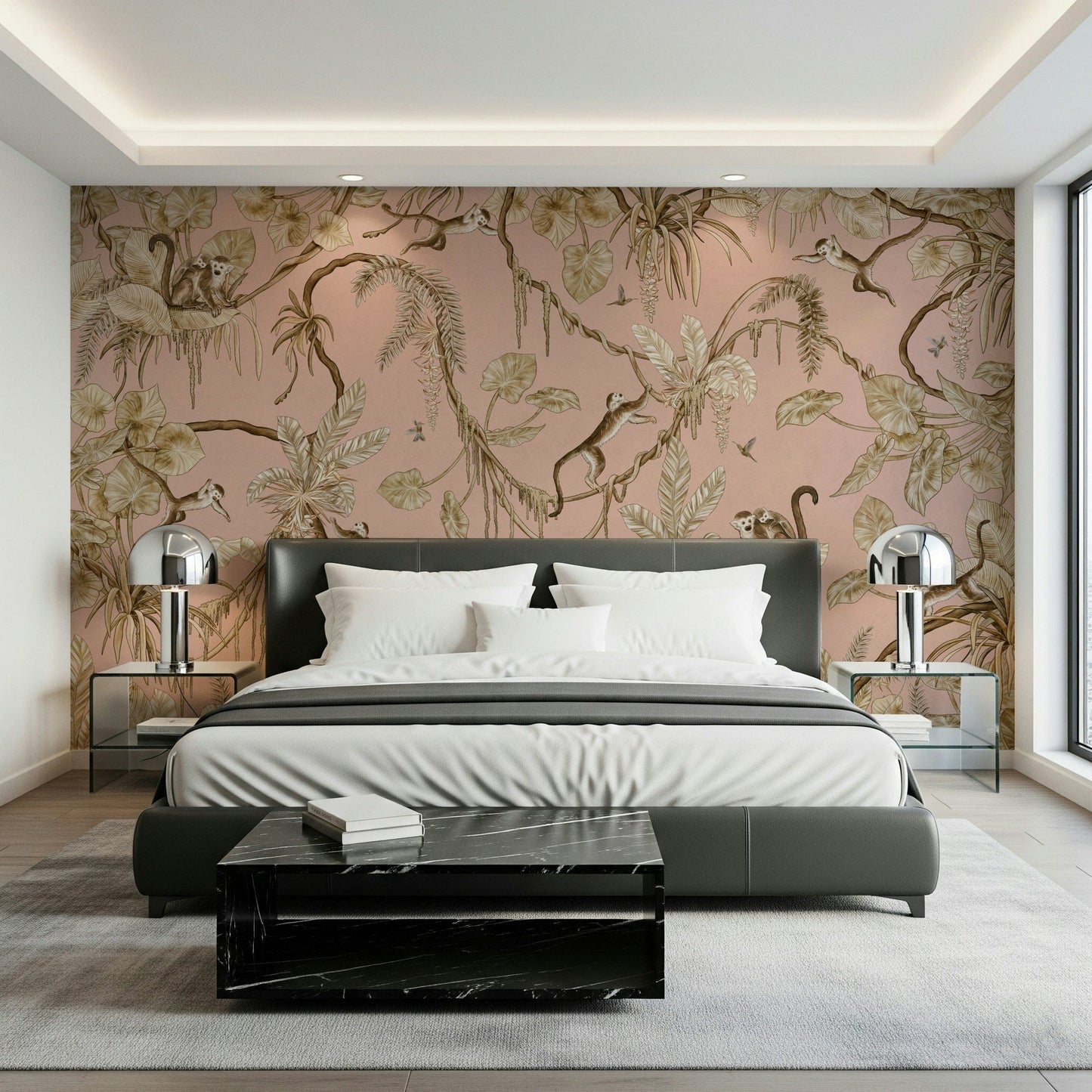 Nature-themed mural with monkeys perched on branches in a soft blush setting