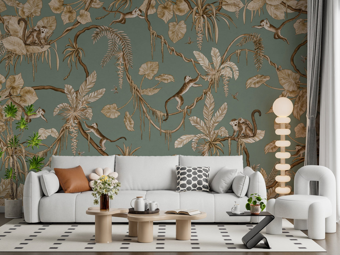 Charming jungle-inspired wallpaper with monkeys and tropical greenery