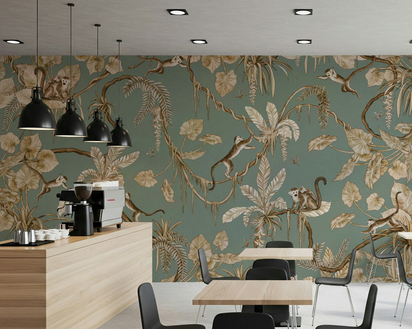 Nature-themed wallpaper with monkeys perched on leafy branches