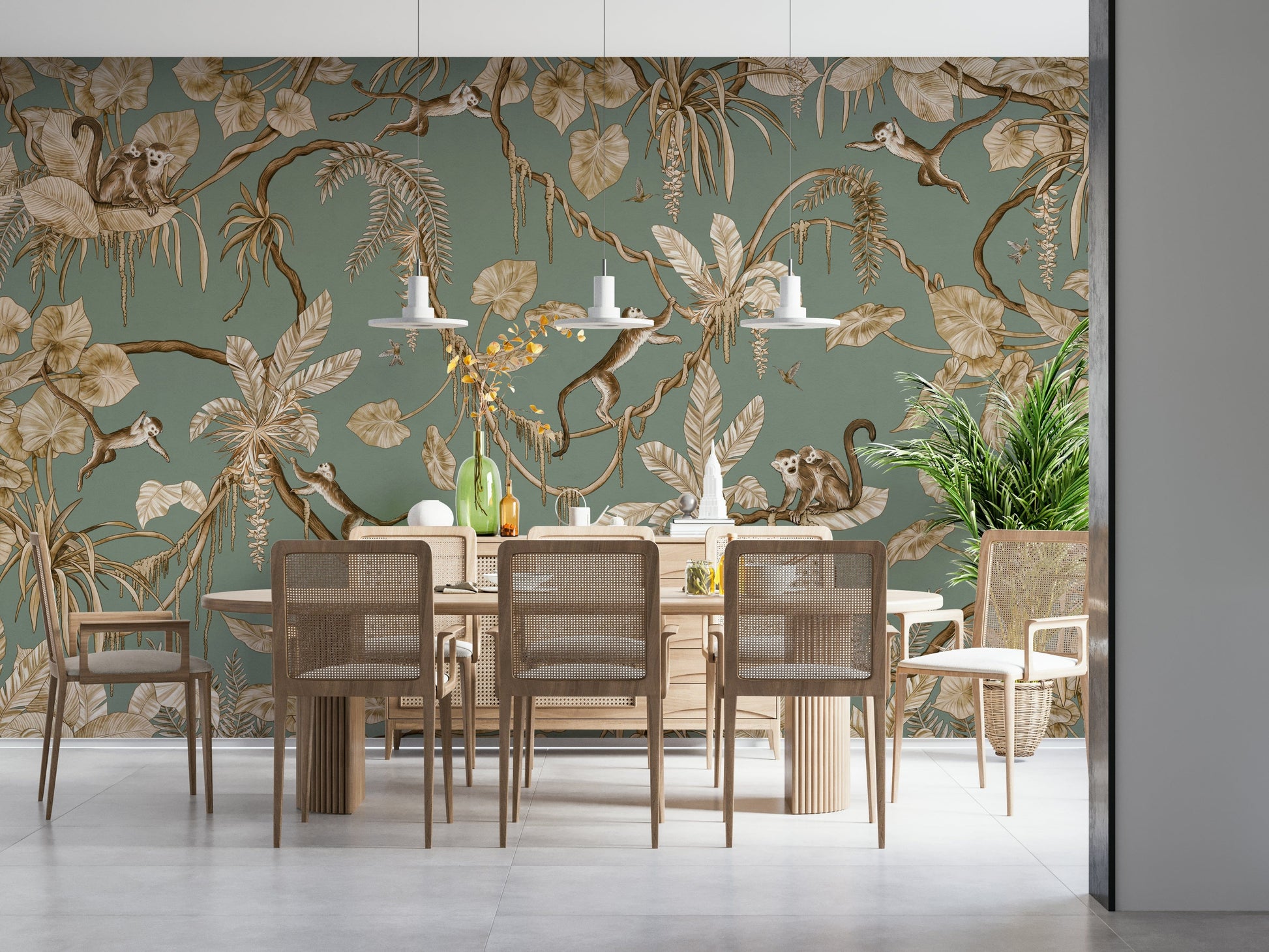 Jungle-inspired wall mural featuring mischievous monkeys among tropical plants