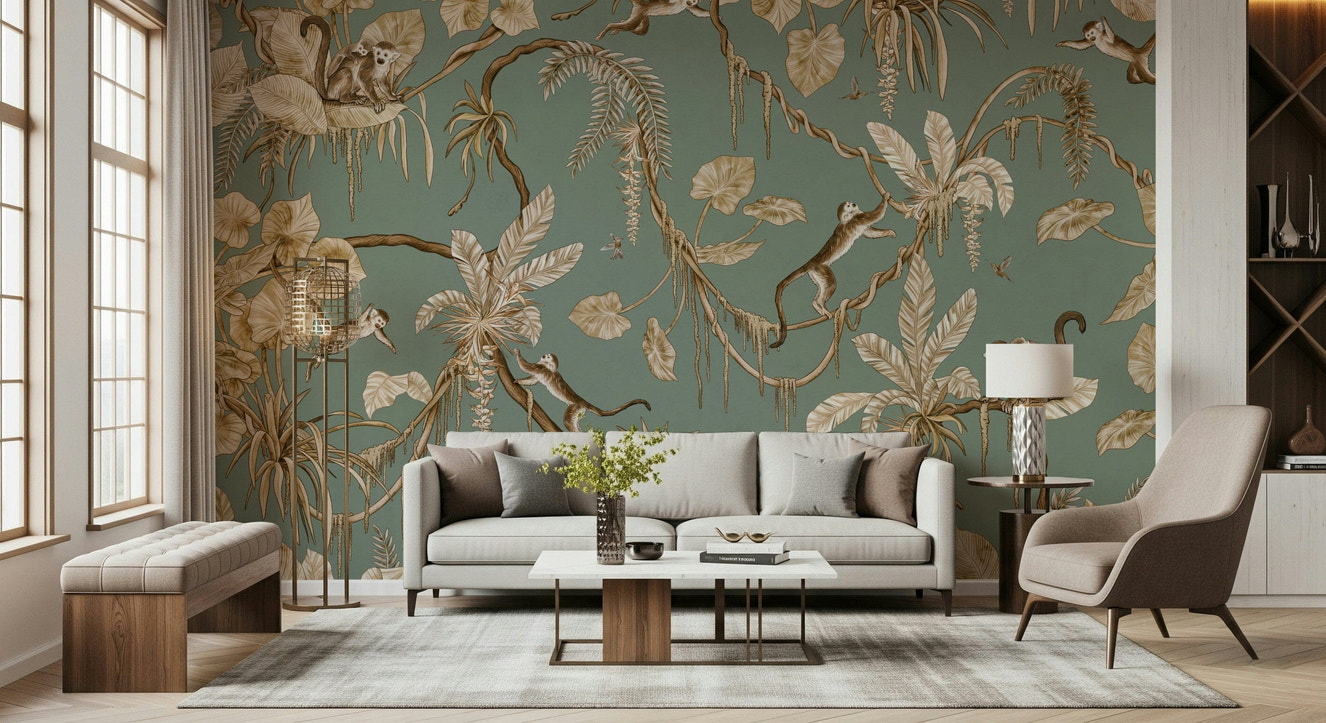 Playful monkeys swinging through a lush jungle in a vibrant wallpaper mural