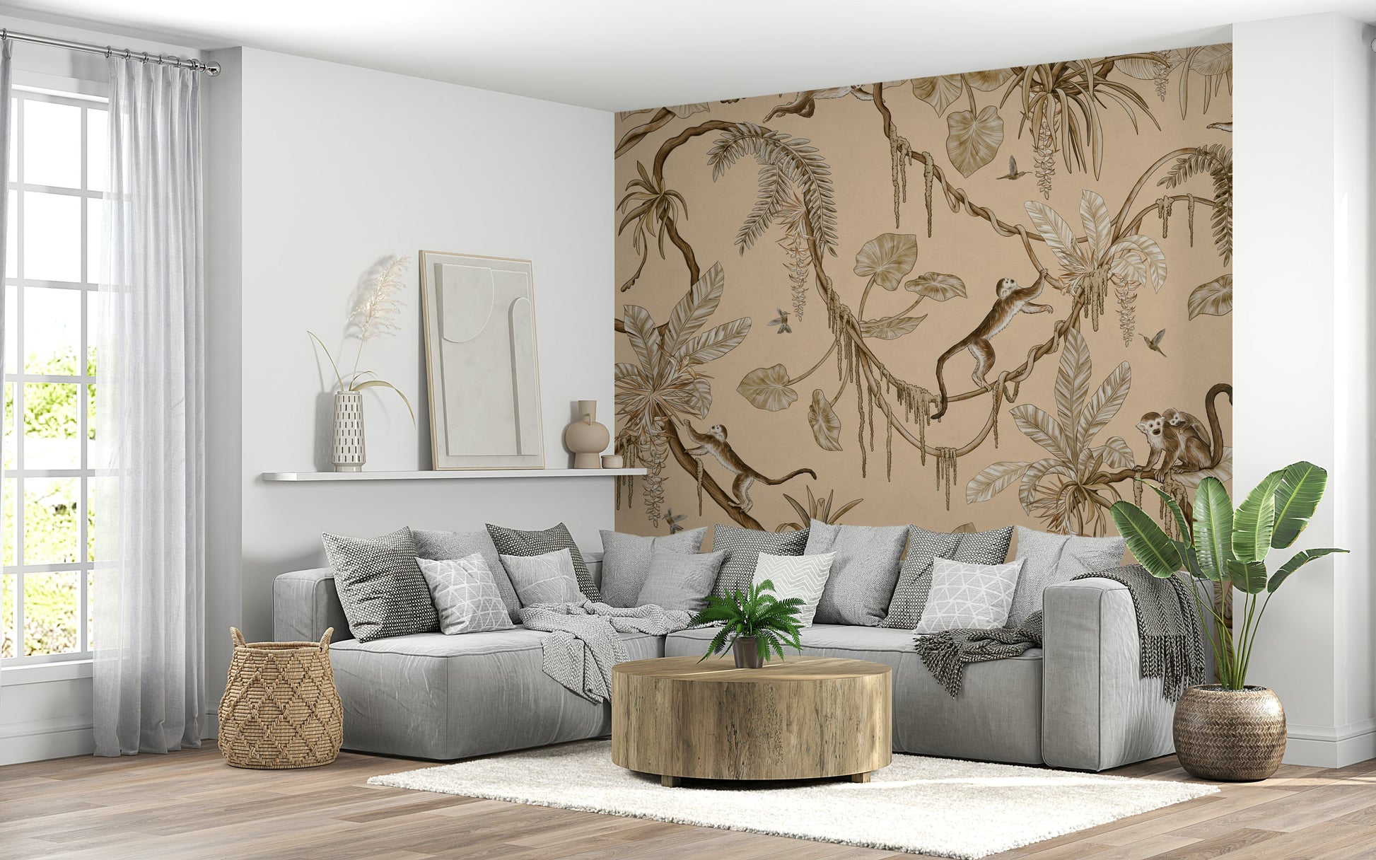 Artistic wall mural blending exotic animals with vibrant jungle foliage