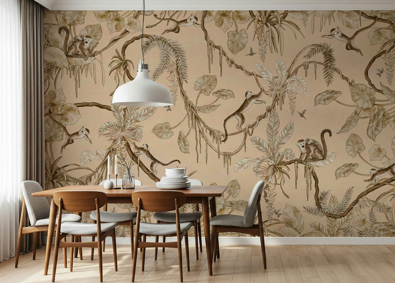 Vibrant jungle scene with playful monkeys and exotic birds among tropical foliage