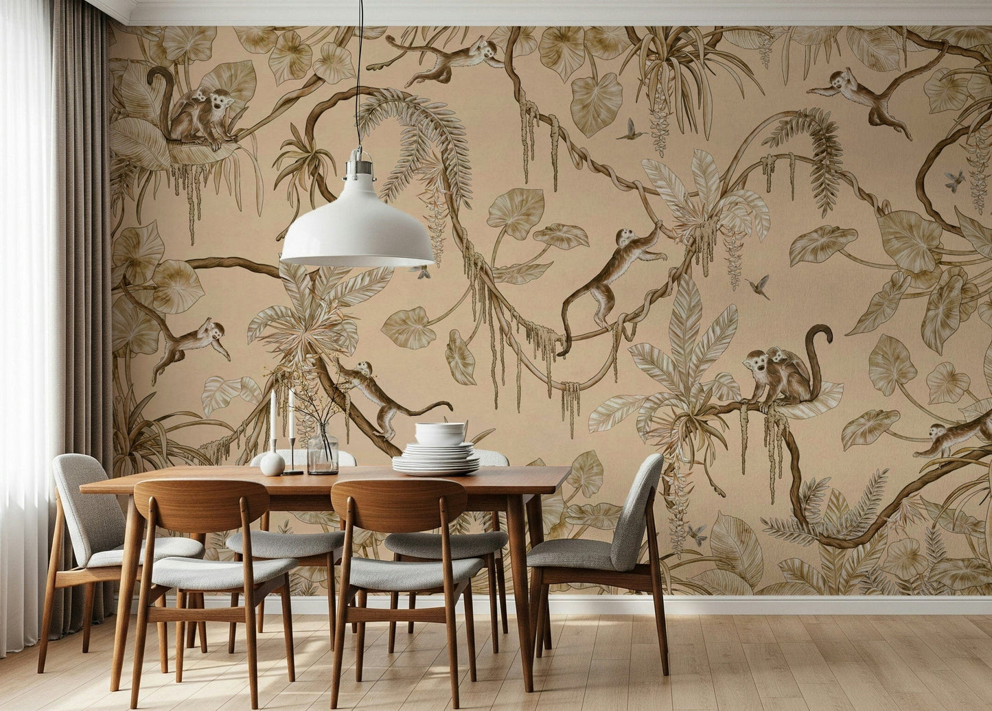 Vibrant jungle scene with playful monkeys and exotic birds among tropical foliage