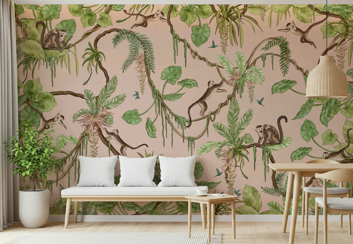 Artistic wall mural blending monkeys with colorful tropical flowers and leaves