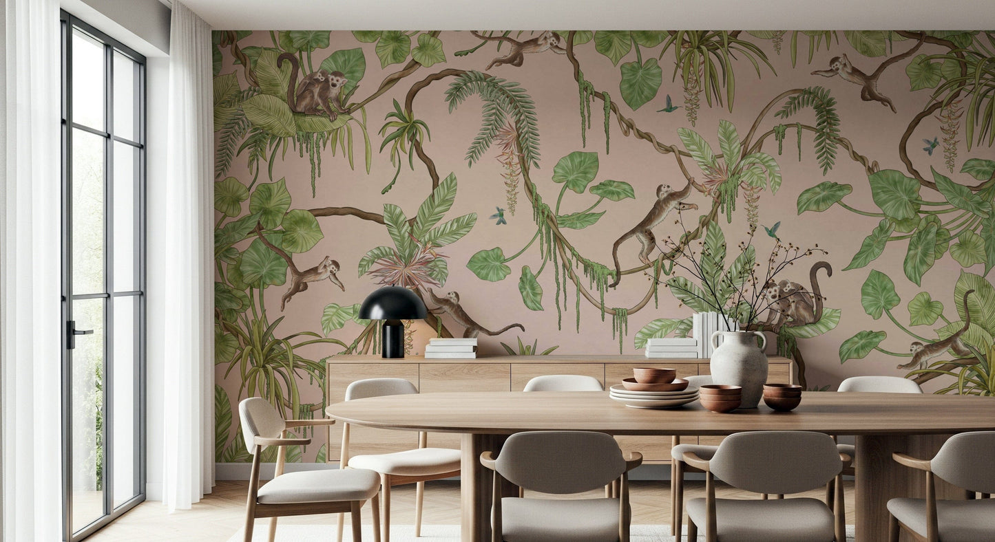 Lively mural of monkeys climbing trees in a serene tropical paradise