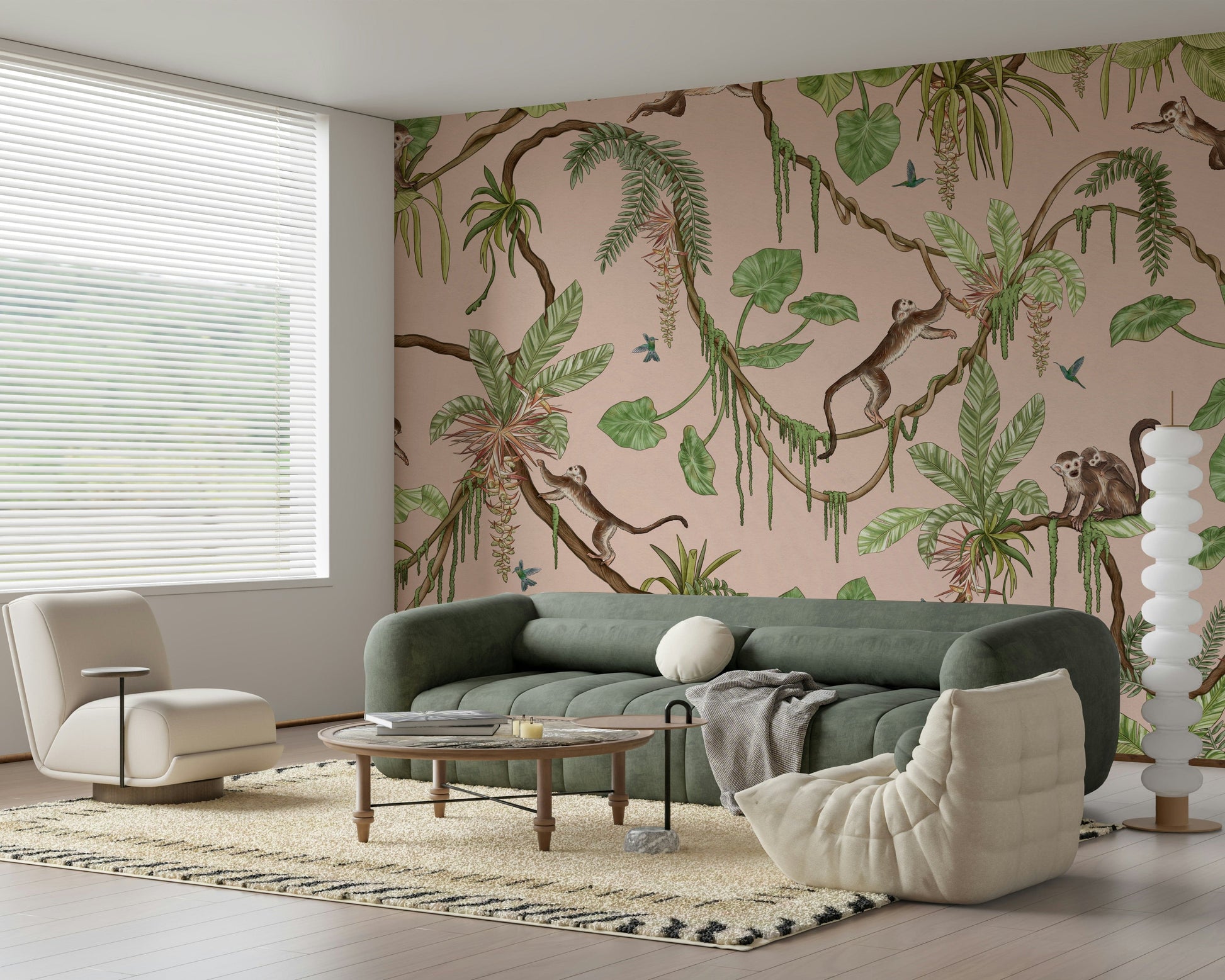 Whimsical mural of monkeys interacting amid lush greenery and tropical foliage