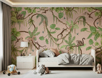 Vibrant jungle mural featuring mischievous monkeys in a tropical paradise