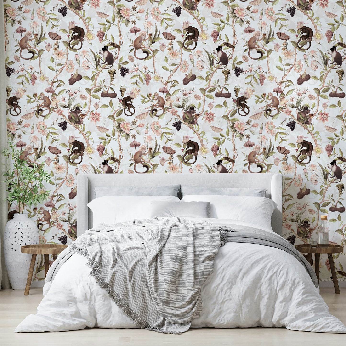 Chinoiserie-style mural with tea party elements and cheeky monkeys.

