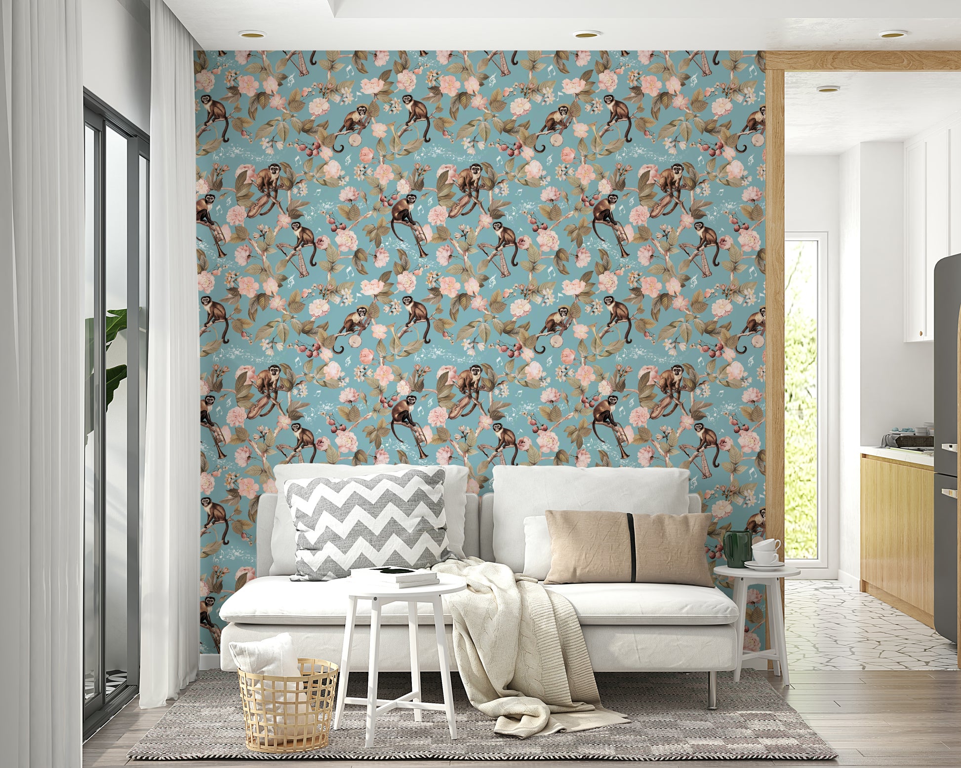 Wallpaper with lively primates, tropical blooms, and musical accents.


