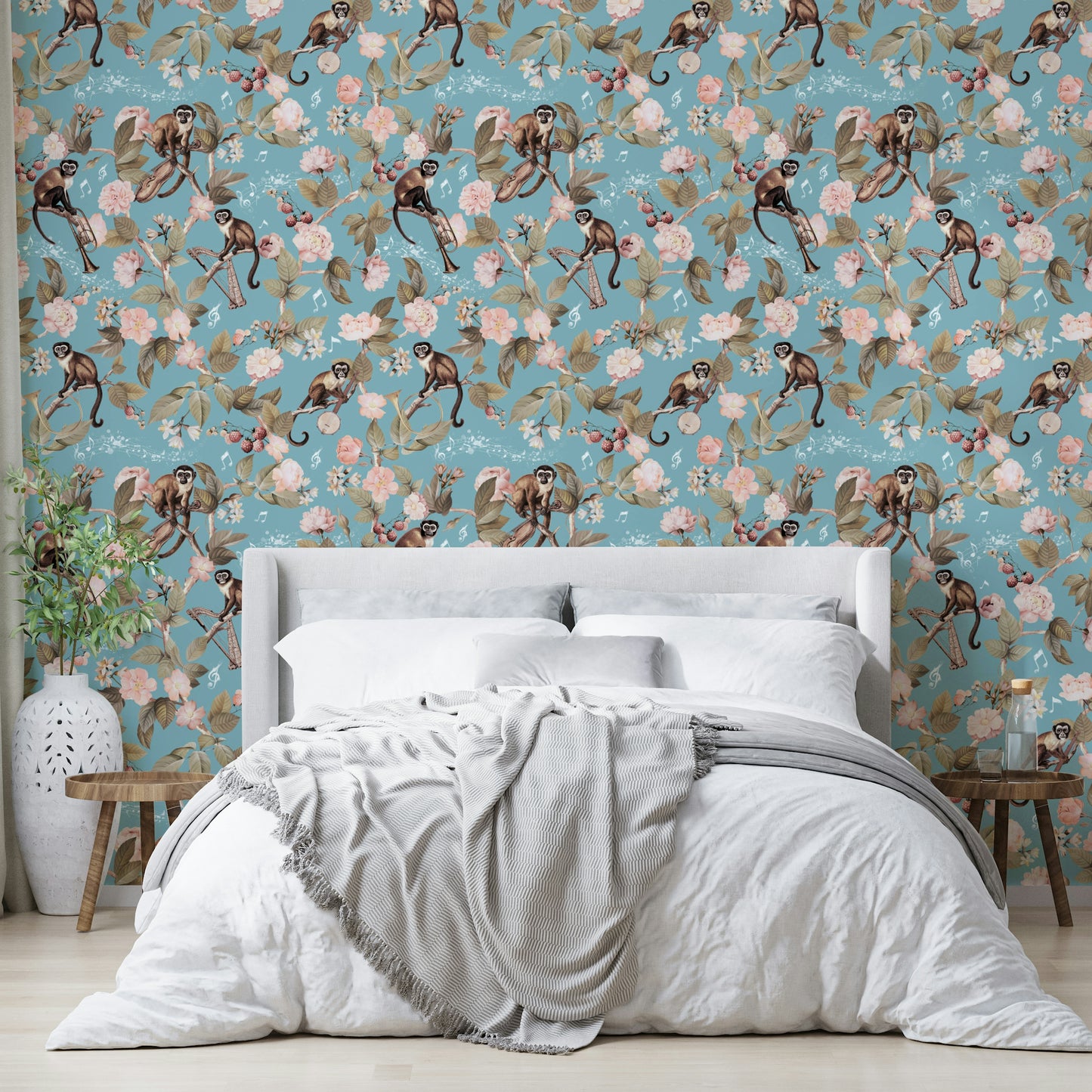 Playful tropical wallpaper with monkeys, flowers, and whimsical melodies.

