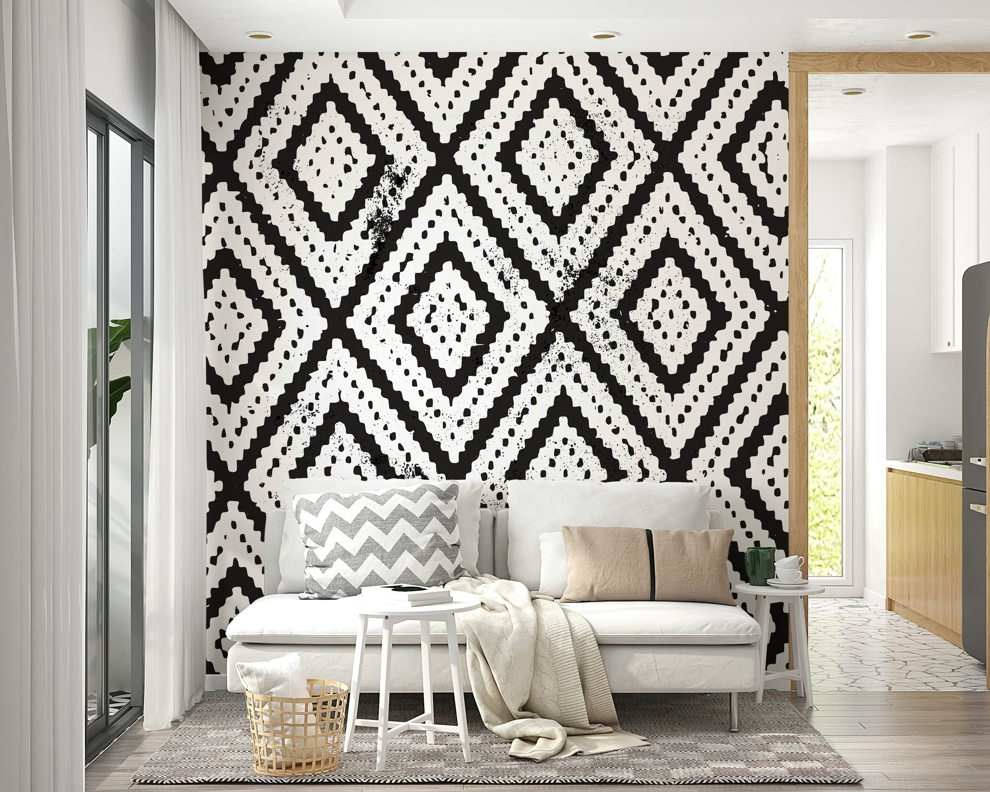 Subtle geometric wall mural in soft black and grey

