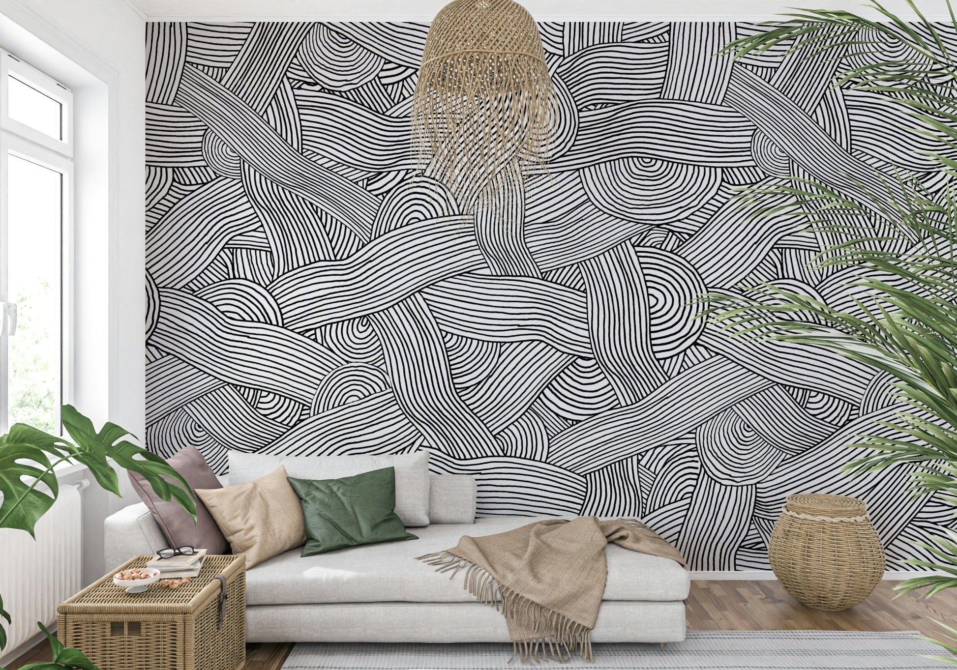 Monochromatic Striped Maze wall mural in black and white behind a white chaise sofa in a living room