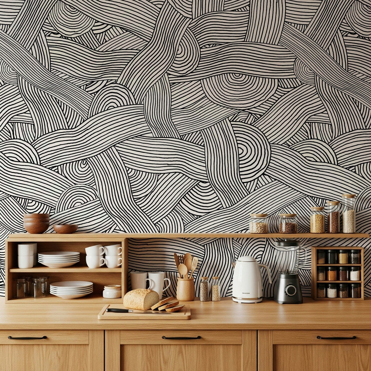 Monochromatic Striped Maze wall mural of woven black lines above a wood kitchen counter and shelves