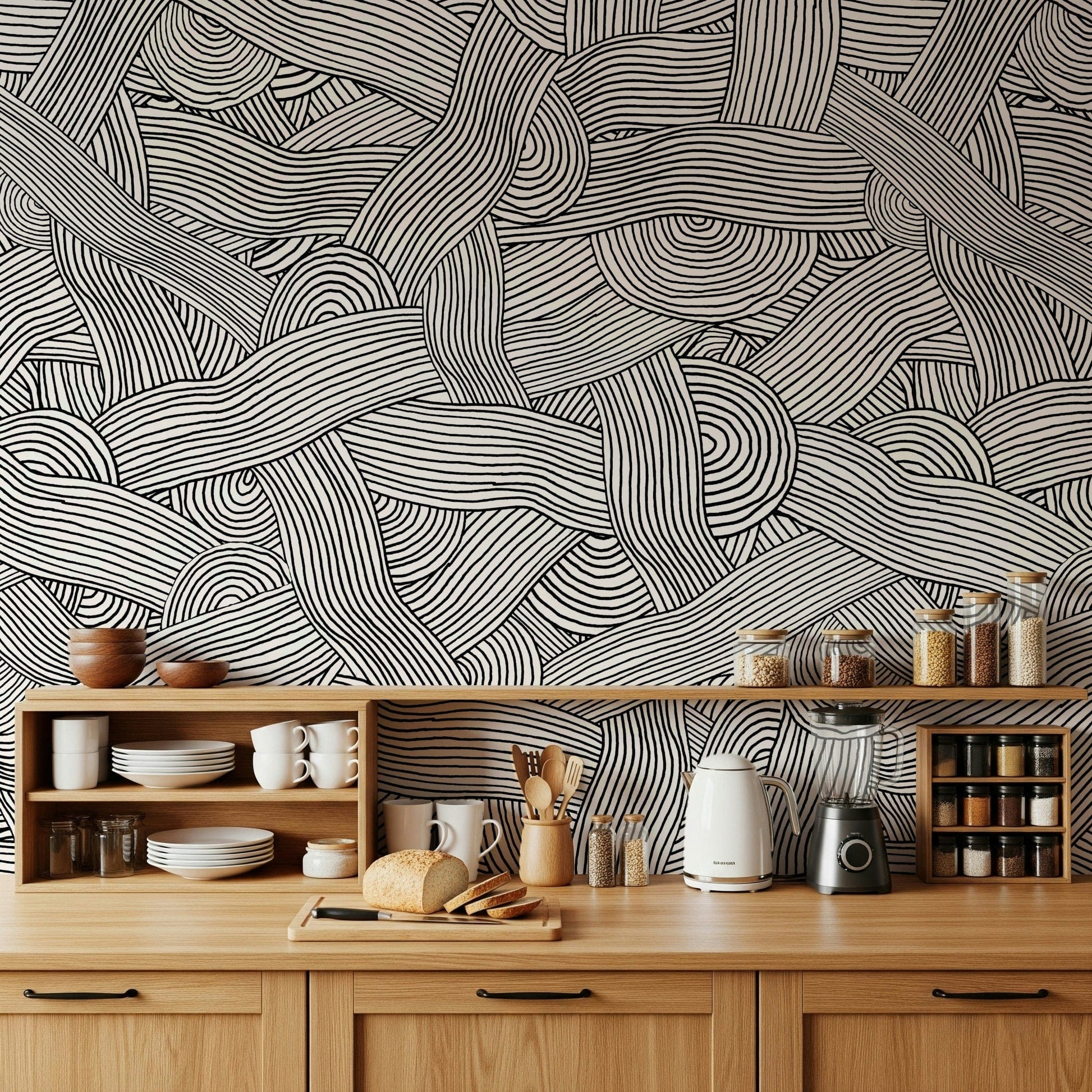 Monochromatic Striped Maze wall mural of woven black lines above a wood kitchen counter and shelves