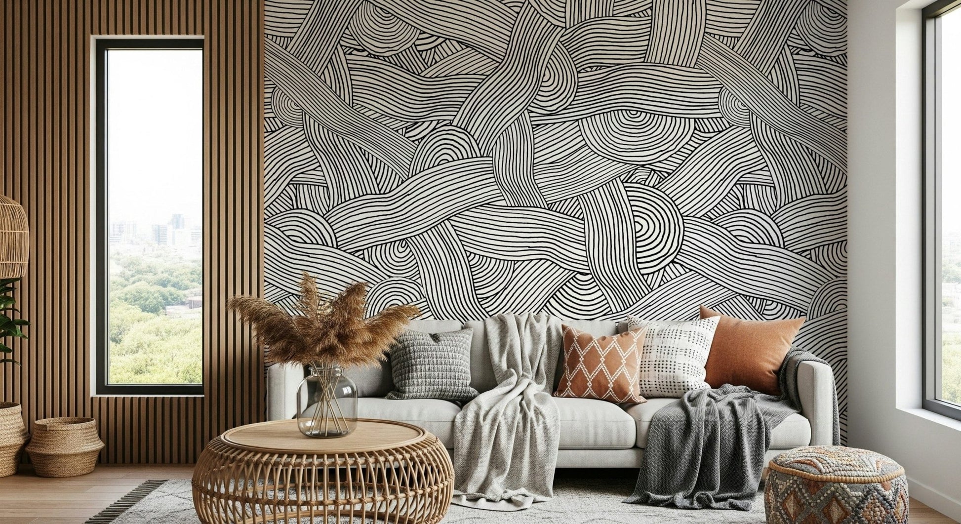 Monochromatic Striped Maze wall mural of swirling lines behind a grey sofa by a wood slat wall