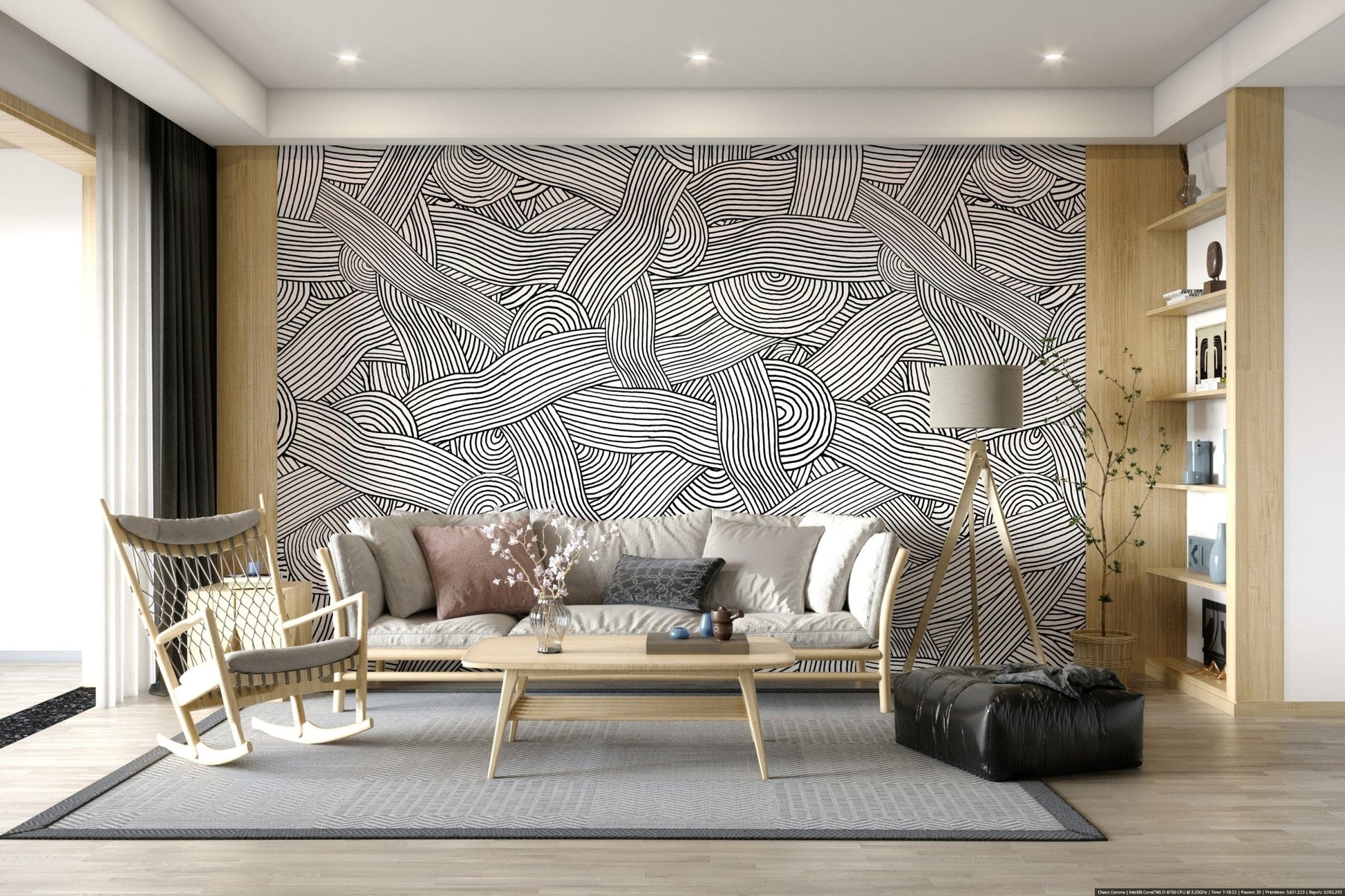 Monochromatic Striped Maze wall mural of woven black lines behind a grey sofa in a living room