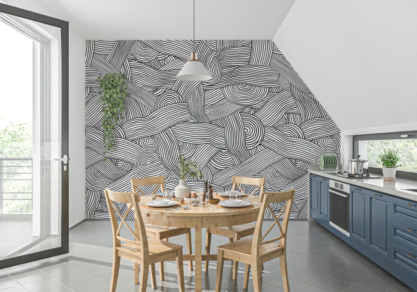 Monochromatic Striped Maze wall mural in black and white behind a wood table in a kitchen dining nook