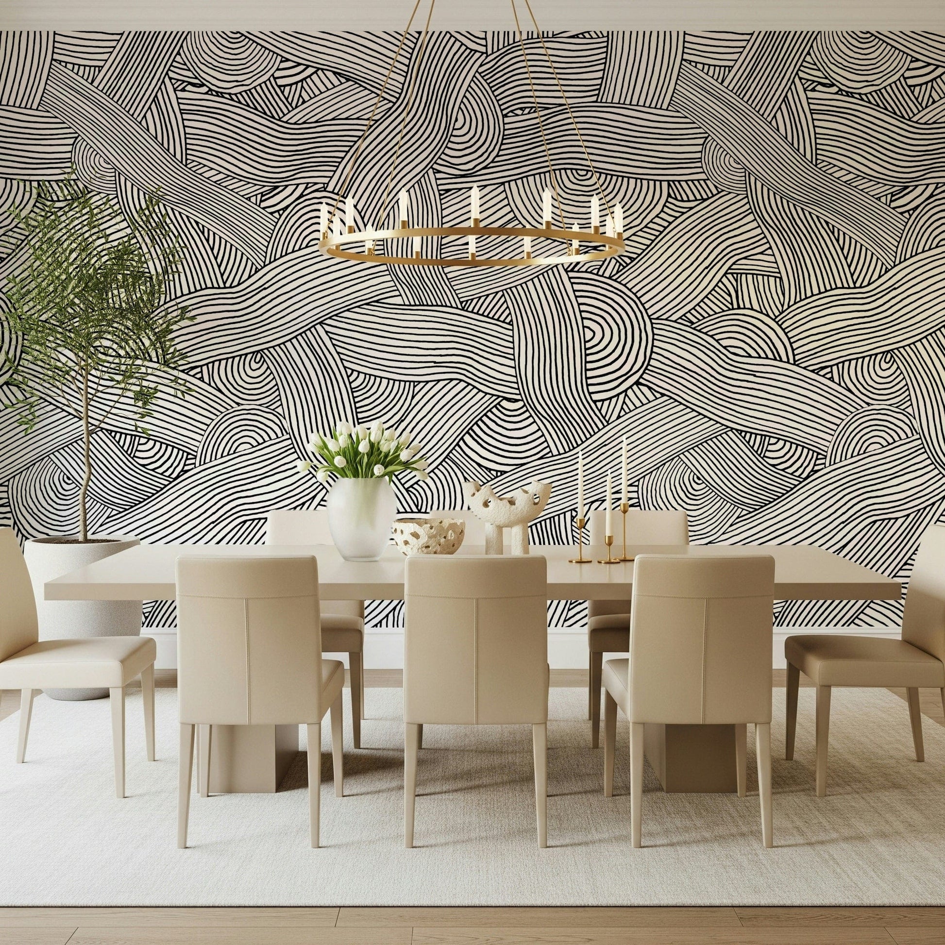 Monochromatic Striped Maze wall mural in black and white behind a long dining table in a dining room