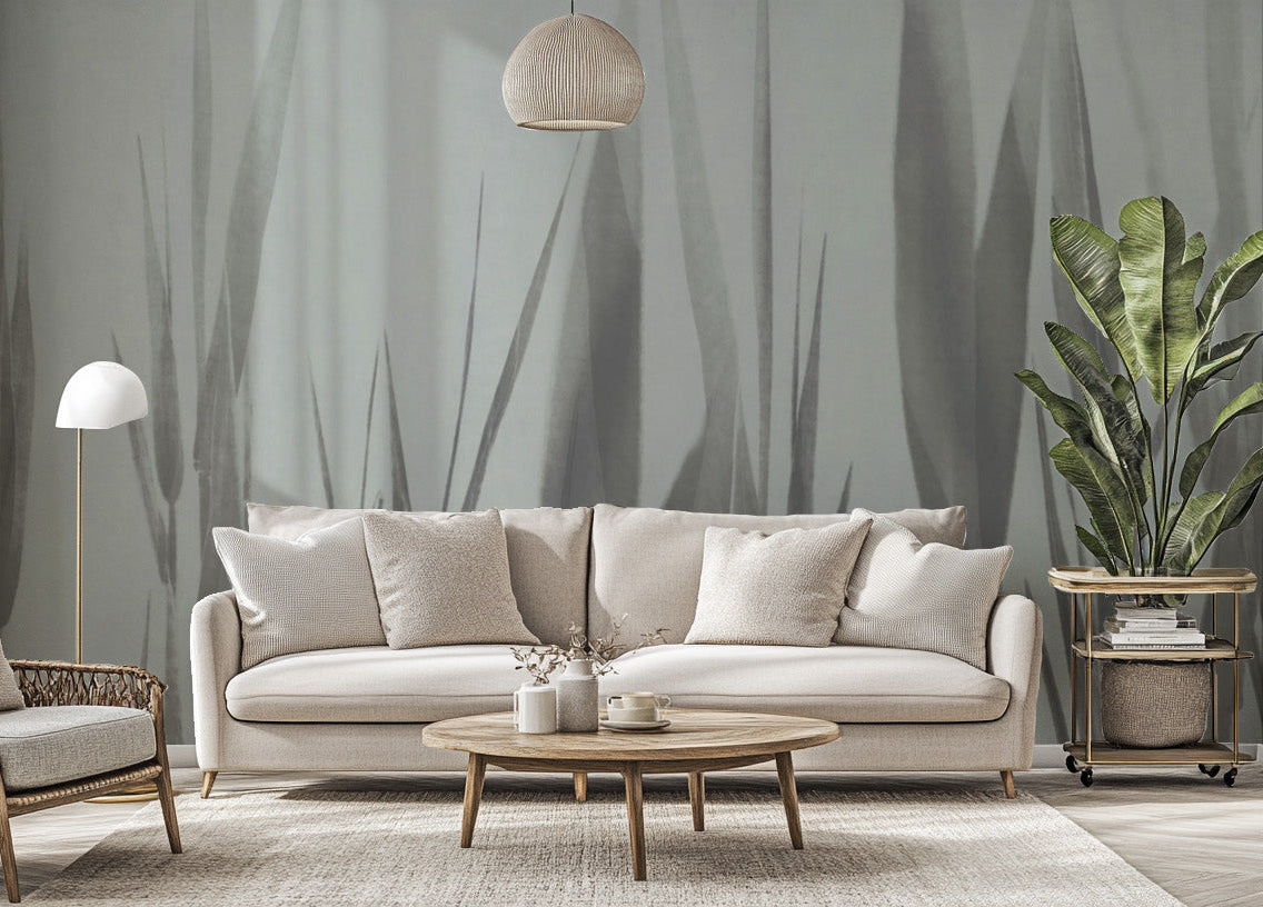 Monochrome botanical grass wall mural for modern decor
