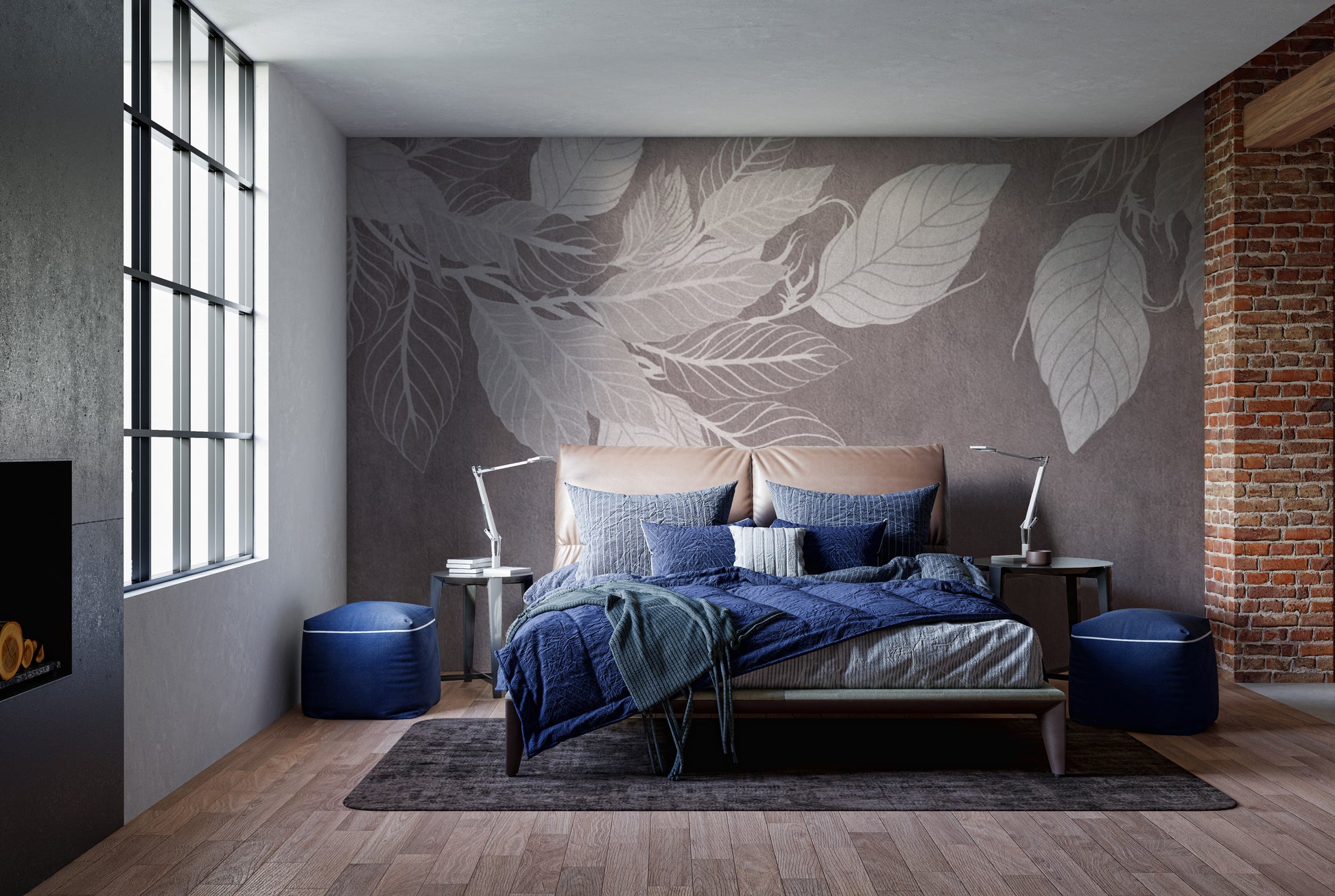 Monochrome Botanical Leaf wall mural with white leaves on mauve behind a blue bed and brick wall in an industrial bedroom