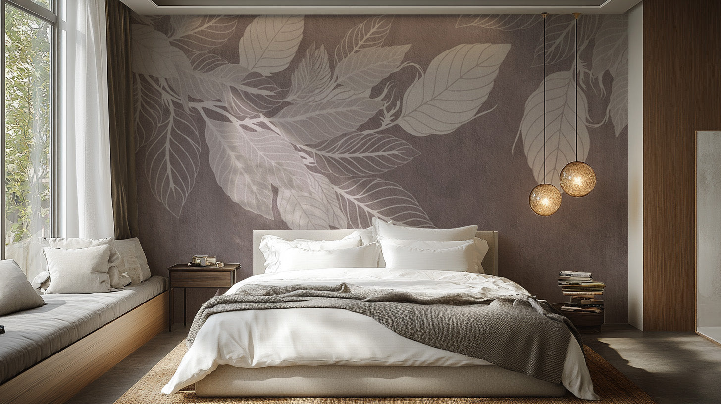 Monochrome Botanical Leaf wall mural with white leaves on mauve behind a bed with grey throw and globe lights in a bedroom