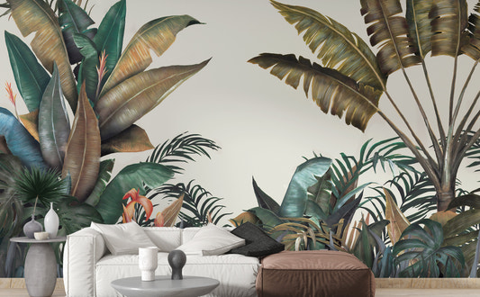 Monochrome Green & Dusty Yellow Leaves Wallpaper
