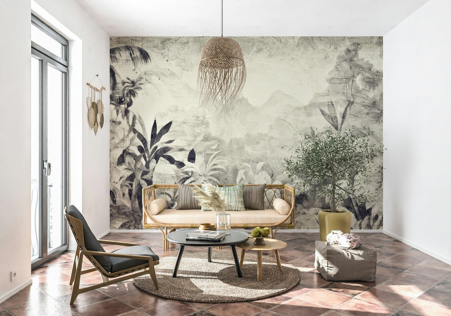 Monochrome Jungle Dream wallpaper mural of grey jungle behind a rattan daybed with an olive tree on terracotta tile
