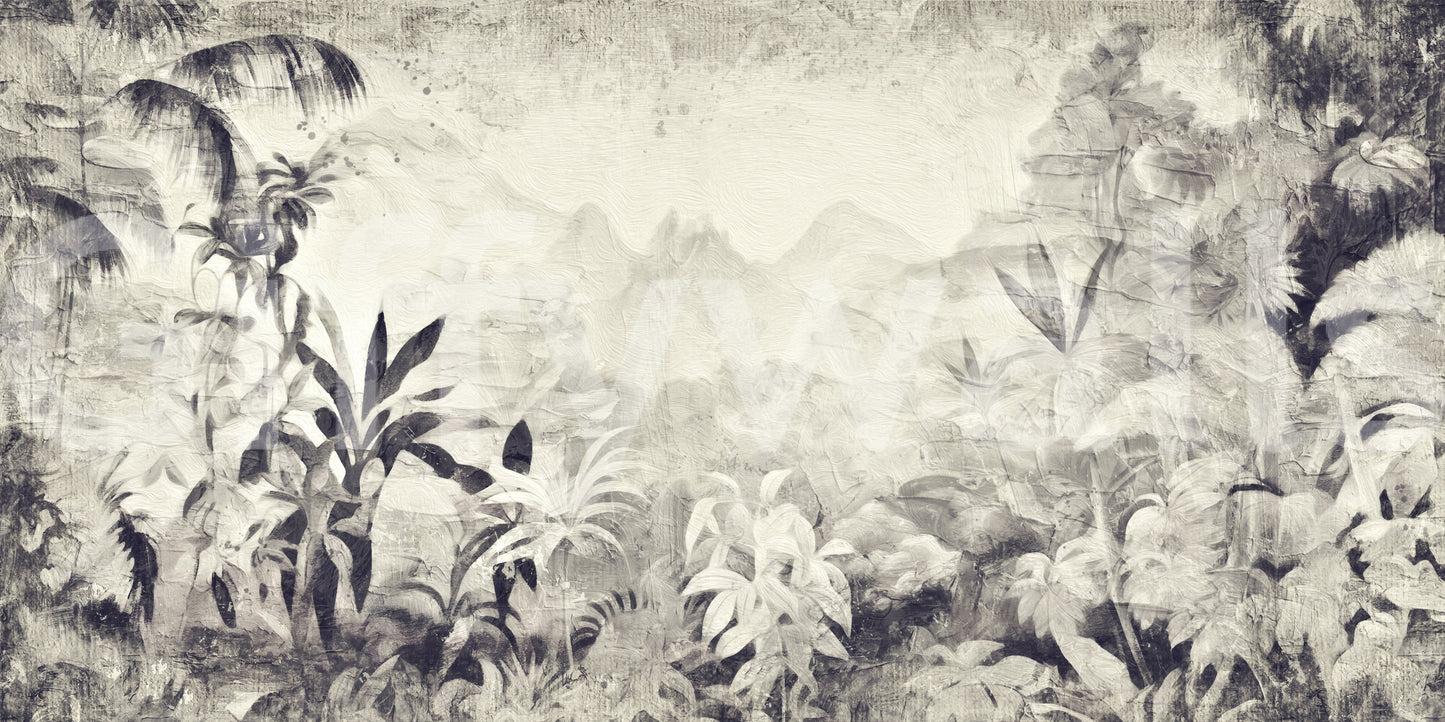 Monochrome Jungle Dream wallpaper mural close-up of misty greyscale jungle foliage and mountain pattern