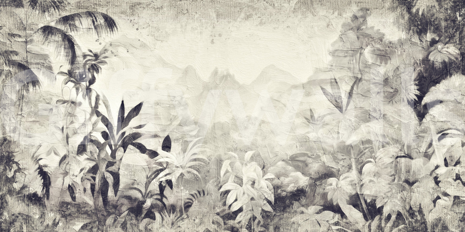 Monochrome Jungle Dream wallpaper mural close-up of misty greyscale jungle foliage and mountain pattern