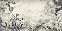 Monochrome Jungle Dream wallpaper mural close-up of misty greyscale jungle foliage and mountain pattern
