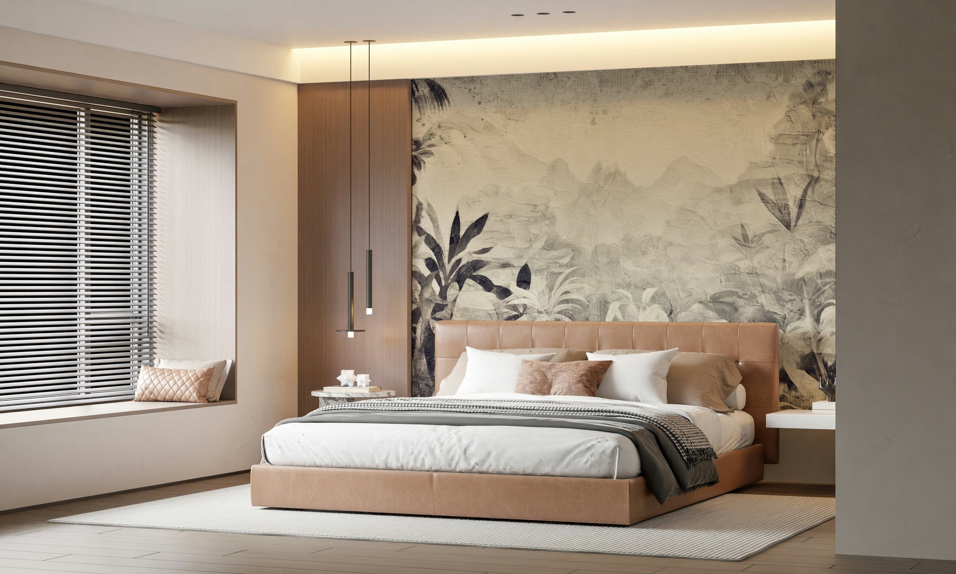 Monochrome Jungle Dream wallpaper mural in grey jungle tones behind a tan leather bed with wood panel and pendants