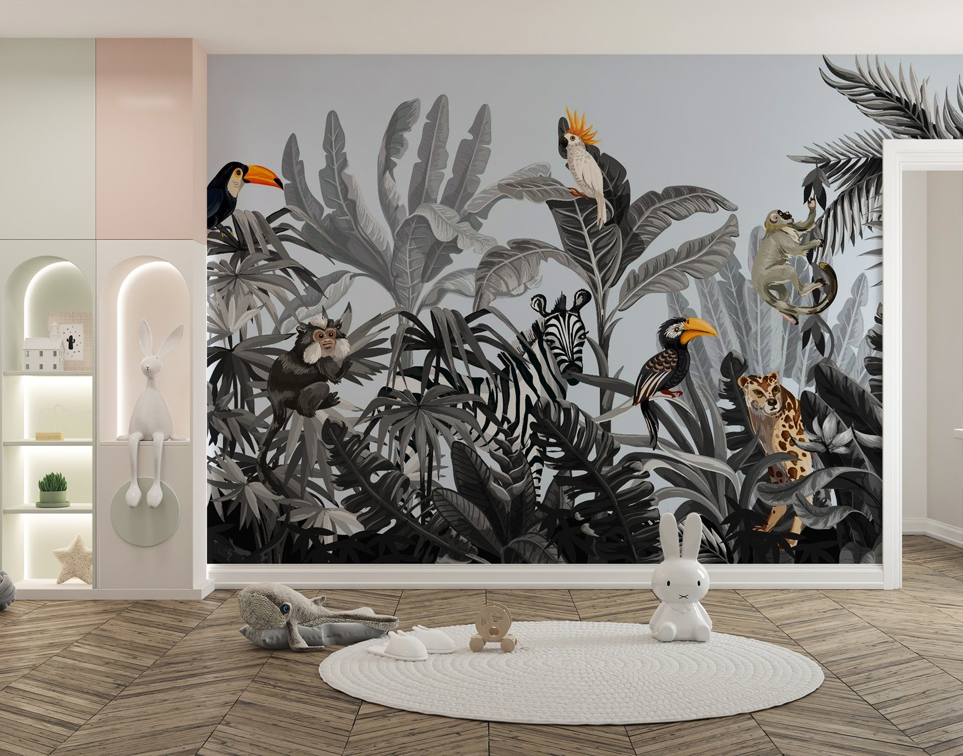 Reusable Monochrome Jungle Wall Mural for Spaces