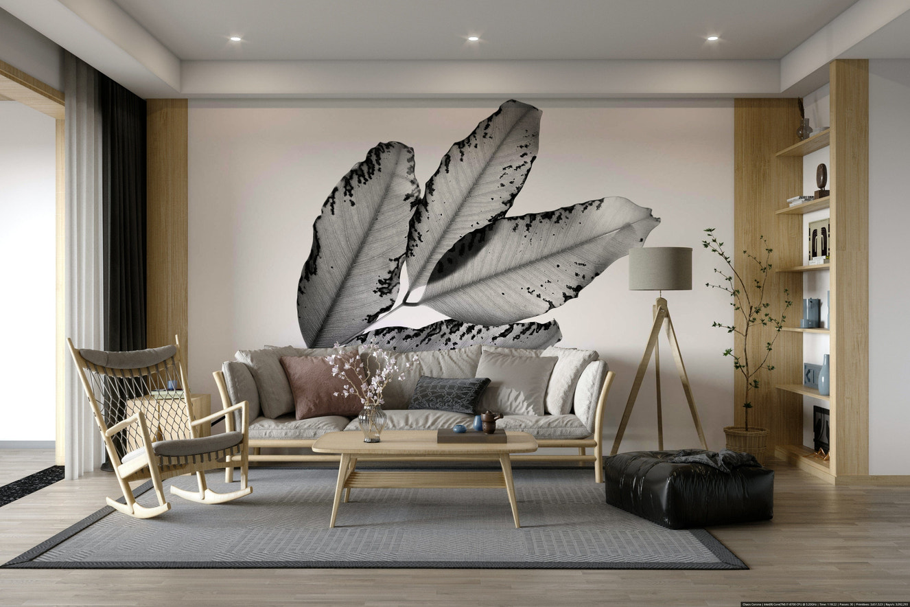 A beautiful botanical wallpaper mural with branches and leaves.

