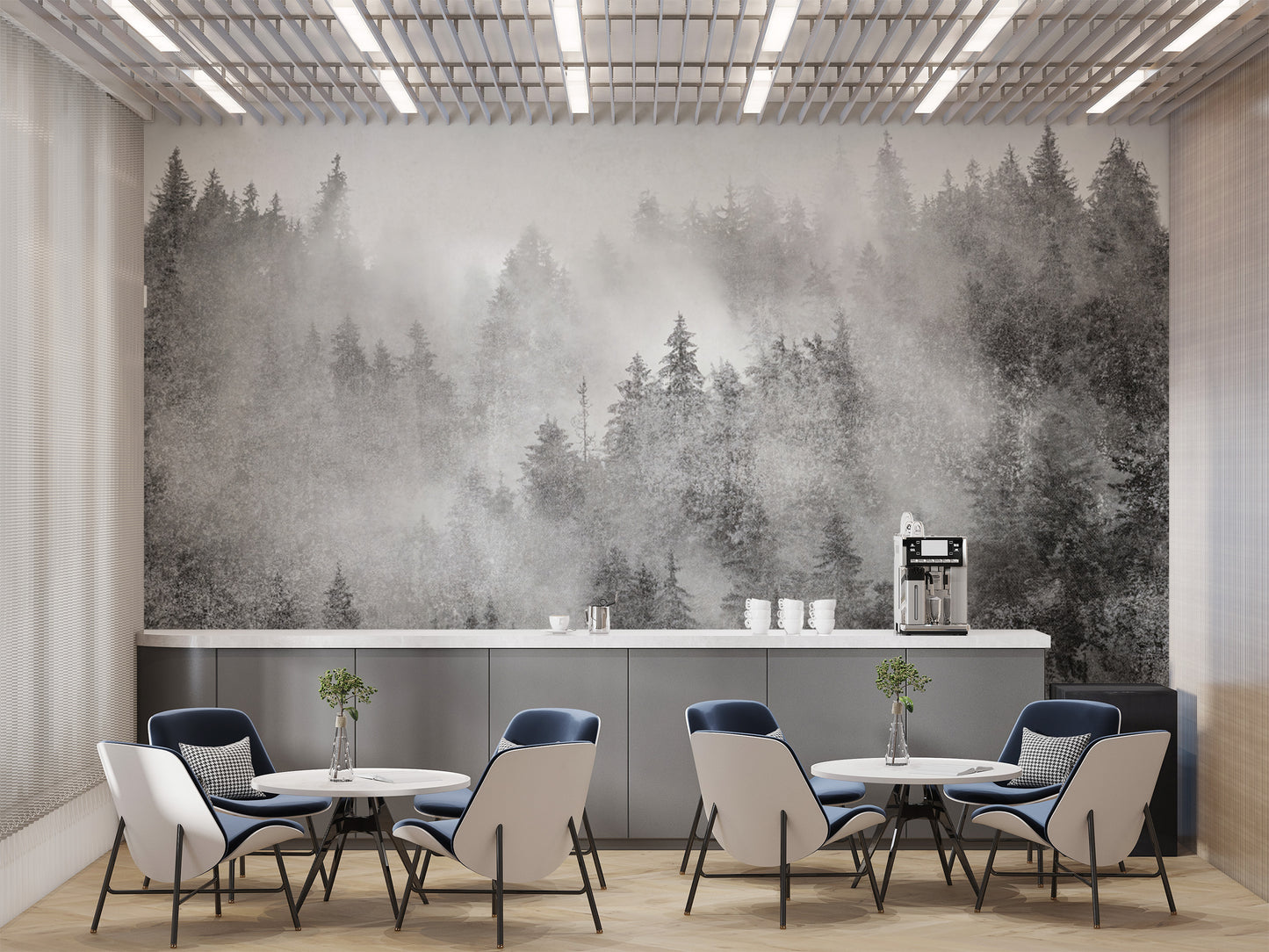 Soft fog pine forest mural in grayscale
