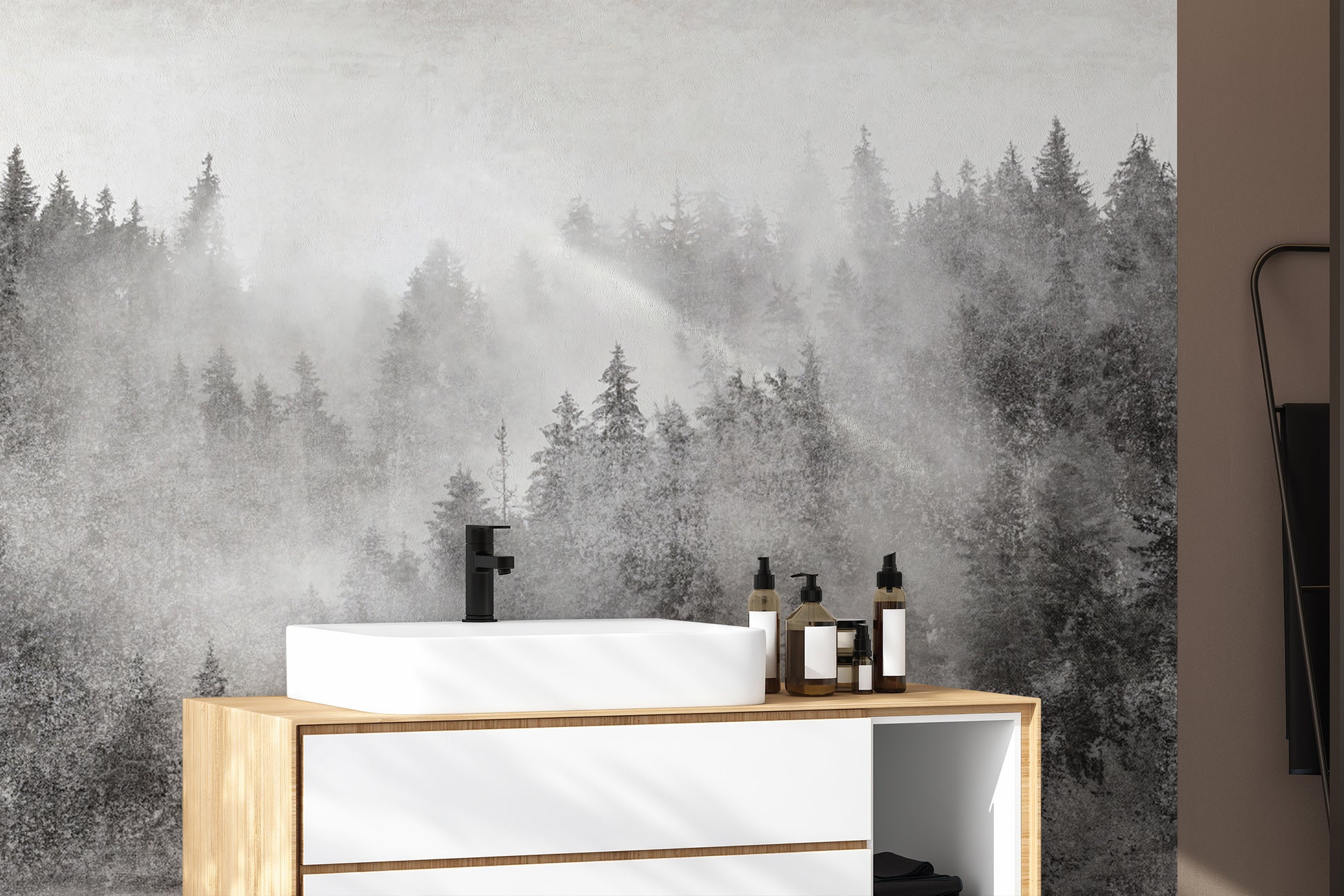 Monochrome woodland wallpaper with dense pines
