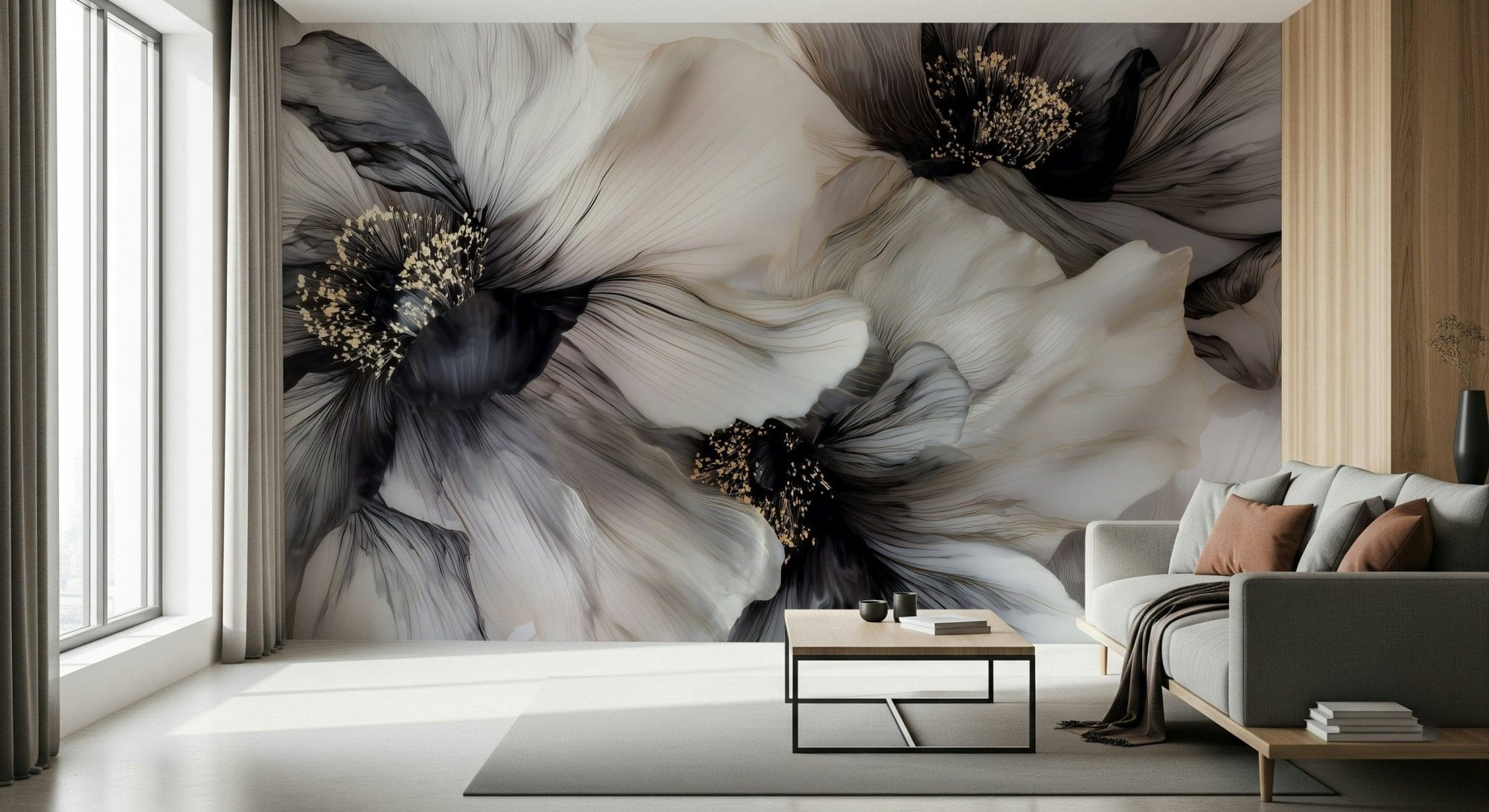 Monochrome Petal Ink Flow Harmony abstract floral wallpaper mural