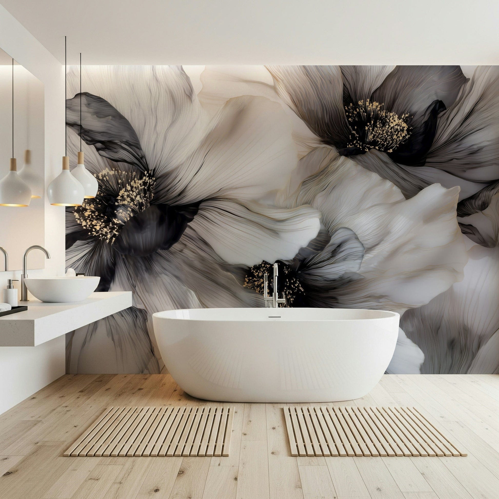 Smoky charcoal Monochrome Petal Ink Flow Harmony wall mural