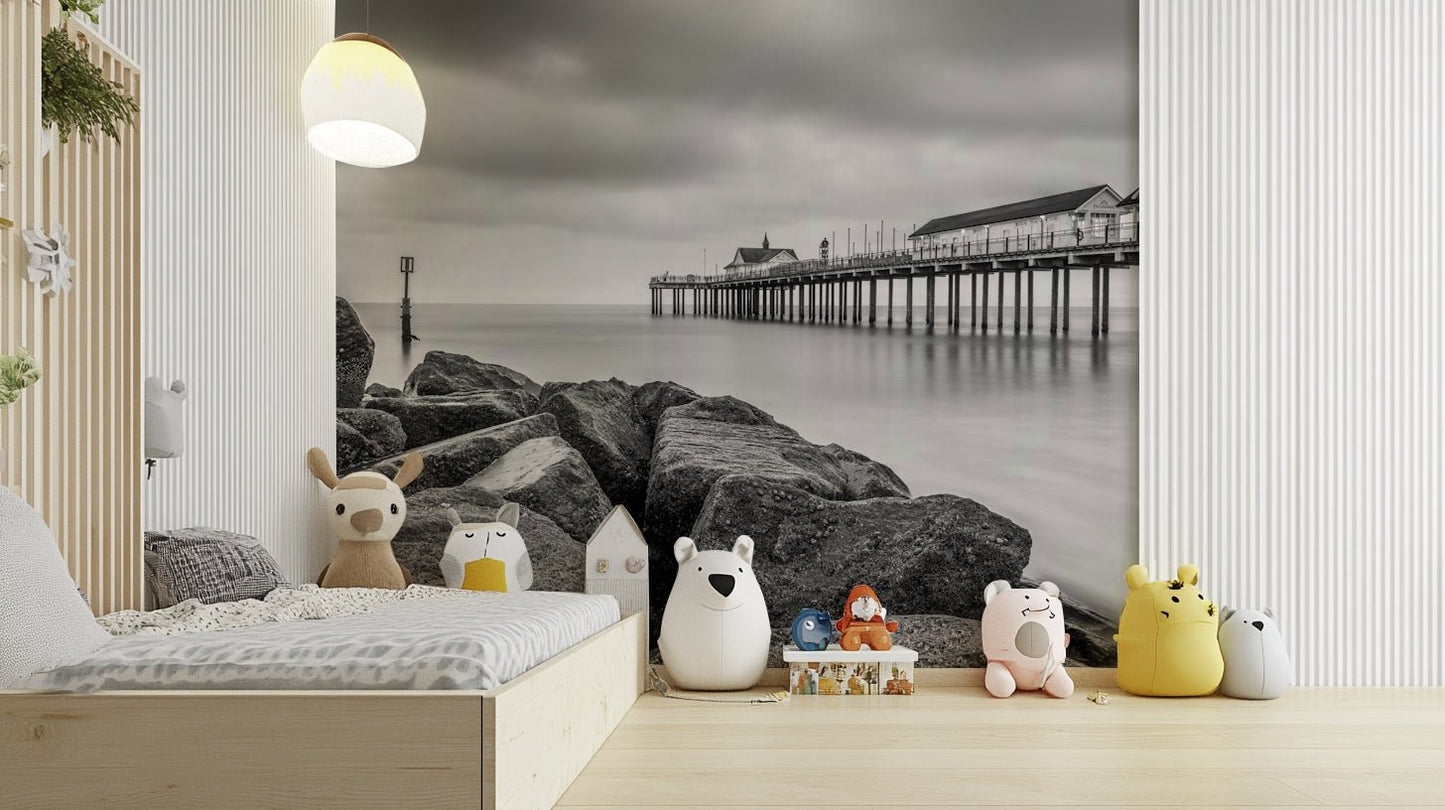 A captivating and serene wall mural in monochrome.
