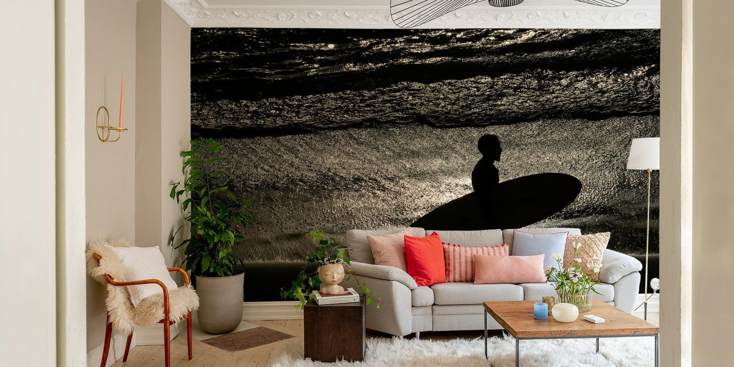 The wallpaper is used as a feature wall in a bedroom.

