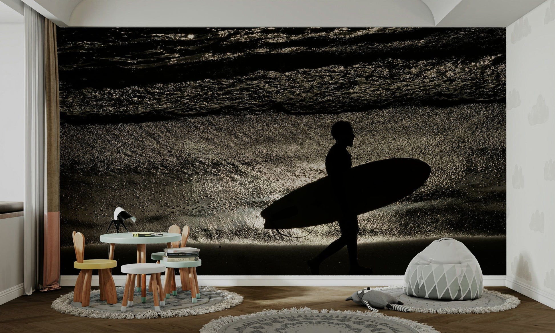 A living room featuring the coastal wall mural.

