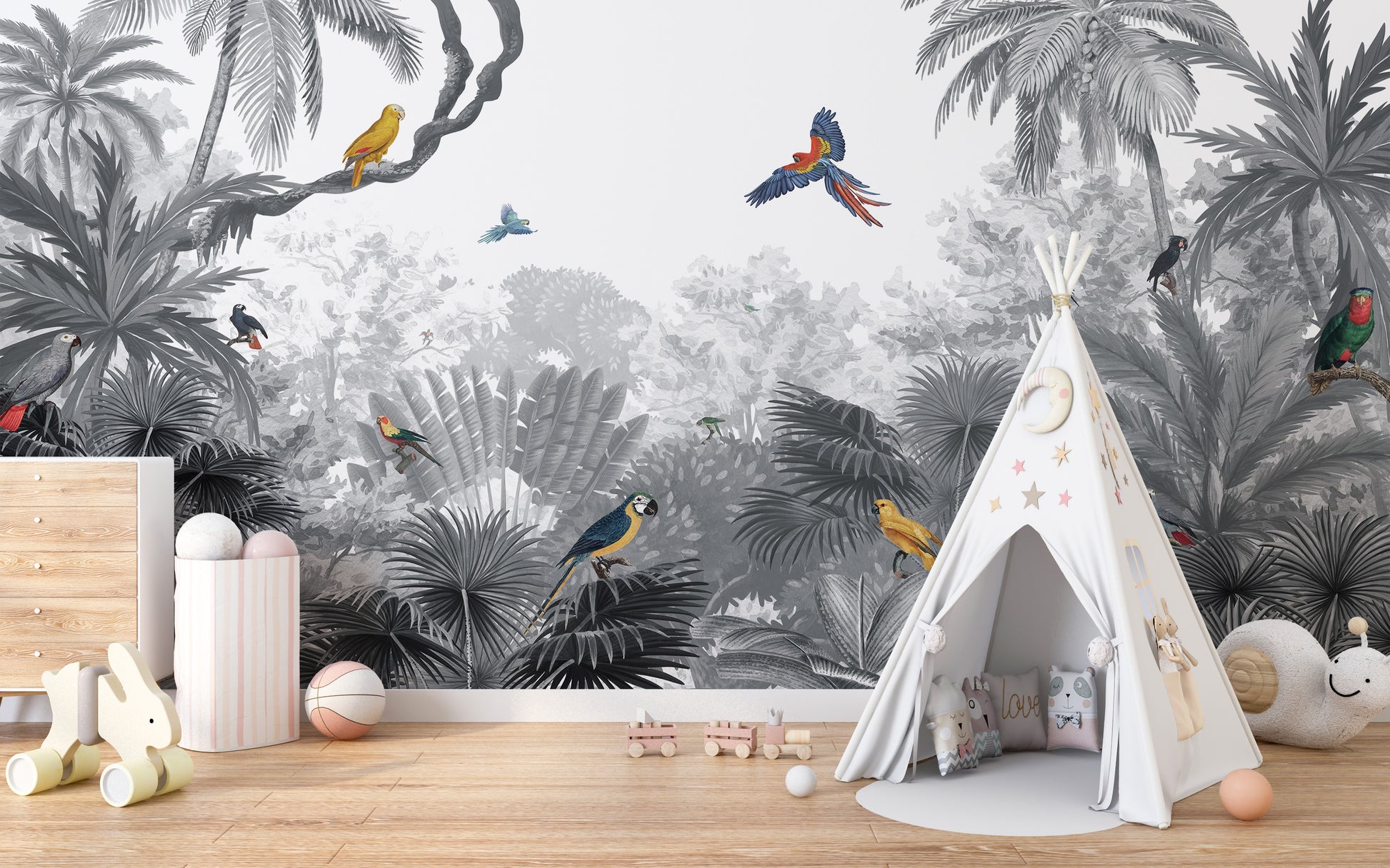 Monochrome Tropical Jungle Birds wallpaper of grey palms and bright parrots in a playroom with a white teepee tent